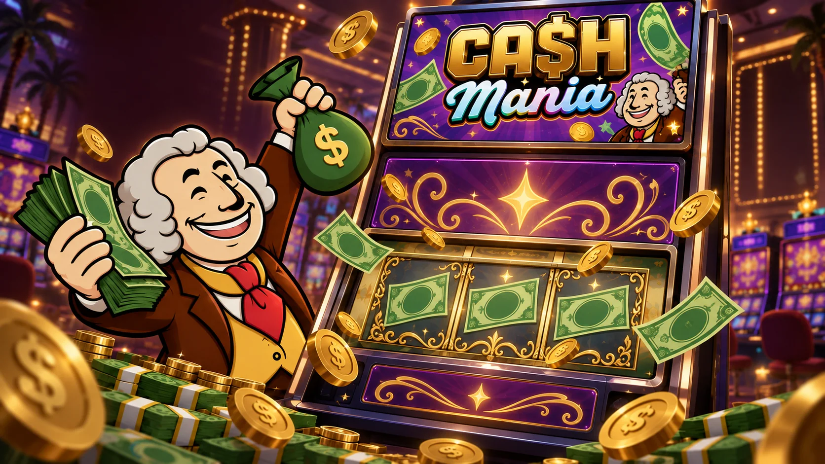 Illustrated casino scene with a Cash Mania sign, a smiling character, decorative cash and gold coins.